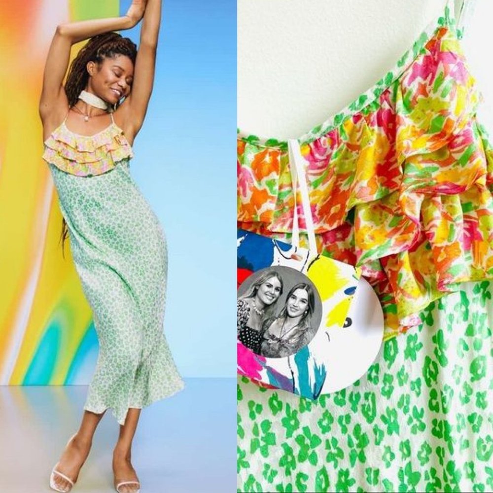 Rixo Woman's Slip Dress XL Green Leopard Print Ruffle Neck Maxi Summer New